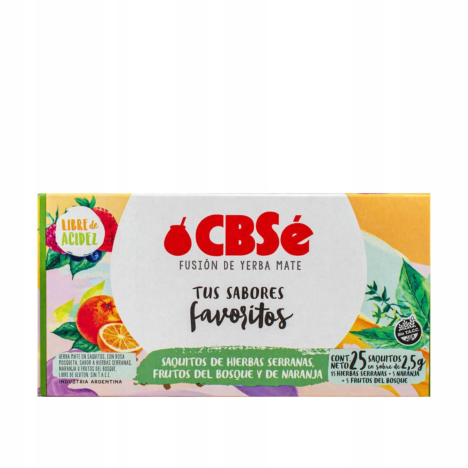 Opakowanie Yerba Mate CBSe z napisem \'Fusión de Yerba Mate\' oraz \'Tus Sabores Favoritos\'. Widoczne są ilustracje owoców i liści oraz informacje o zawartości 25 saszetek po 2,5 g.