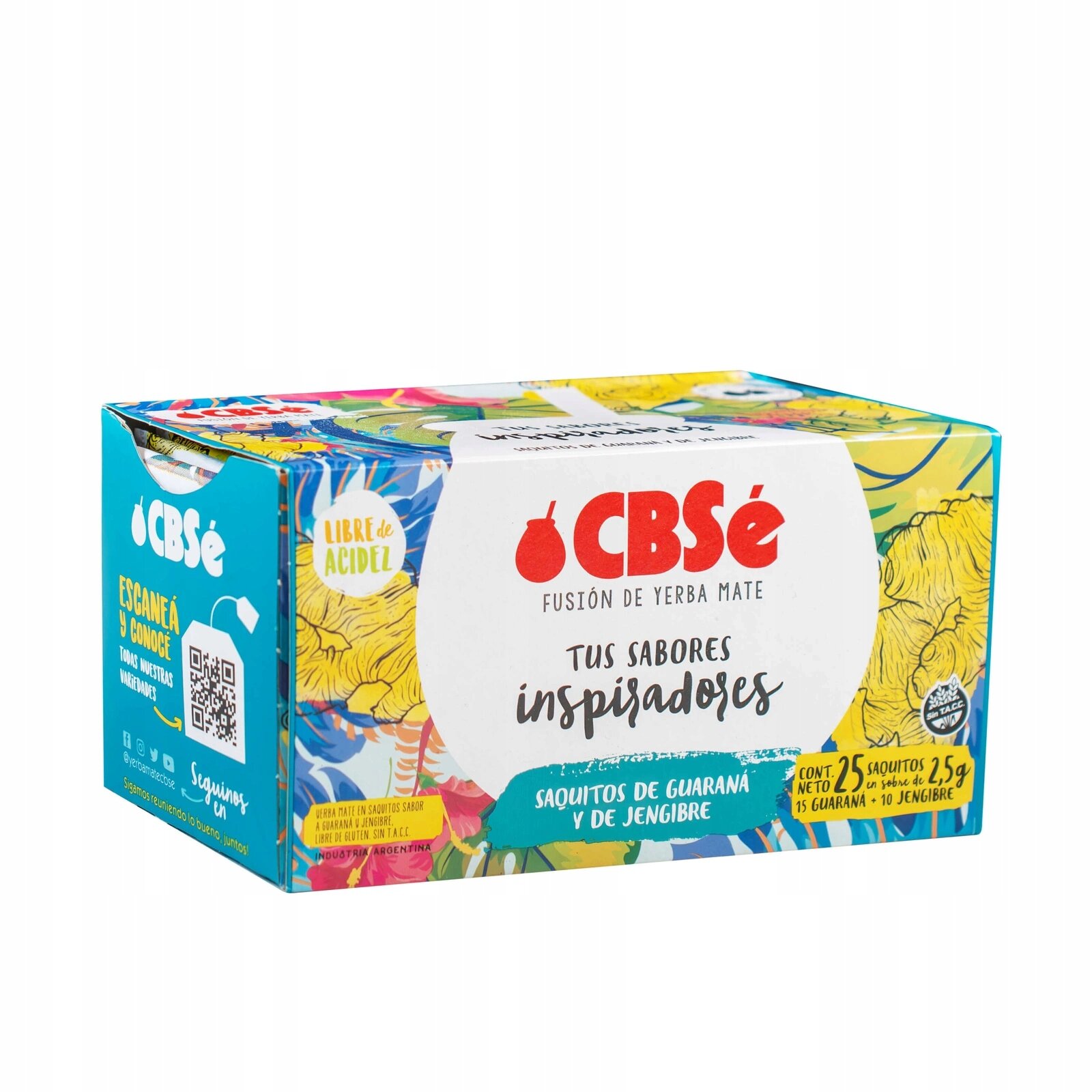 Kolorowe opakowanie produktu CBSe z napisem \'Fusión de Yerba Mate\' oraz \'Tus Sabores Inspiradores\'. Zawiera 25 saszetek po 2,5 g każda, z guaraną i imbirem.
