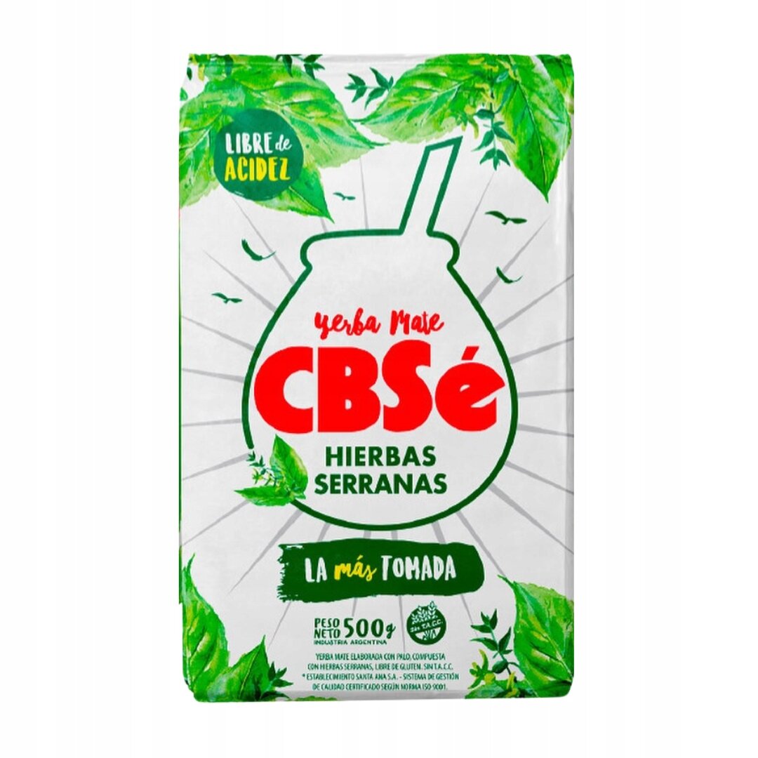 Opakowanie Yerba Mate CBSe Hierbas Serranas 500g z zielonymi liśćmi i napisem \'Libre de Acidez\'. Na środku widnieje duży napis \'CBSe\' w kolorze czerwonym.