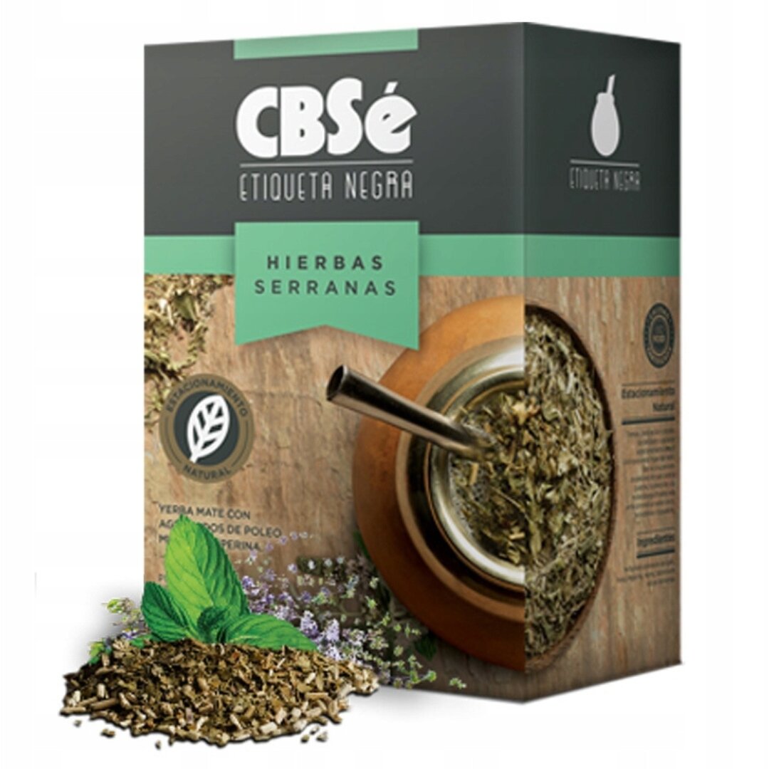 Opakowanie Yerba Mate CBSe Etiqueta Negra Hierbas Serranas o wadze 500g z widocznym logo CBSe i grafiką przedstawiającą susz oraz zioła. Na opakowaniu znajduje się napis \'Yerba Mate con aceites de poleo, menta y peperina\'.
