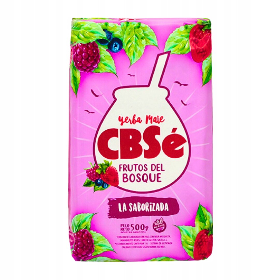 Opakowanie Yerba Mate CBSe Frutos del Bosque 500g z różową grafiką, ozdobione liśćmi i owocami leśnymi. Widoczny tekst: \'Yerba Mate CBSe Frutos del Bosque La Saborizada Peso Neto 500g\'.