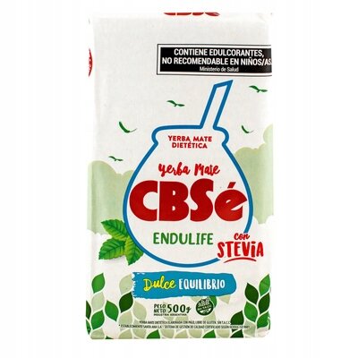 Opakowanie Yerba Mate CBSe Endulife con Stevia 0,5kg z grafiką liści i napisem \'Dulce Equilibrio\'. Widoczny tekst: \'Contiene edulcorantes, no recomendable en niños/as\'.