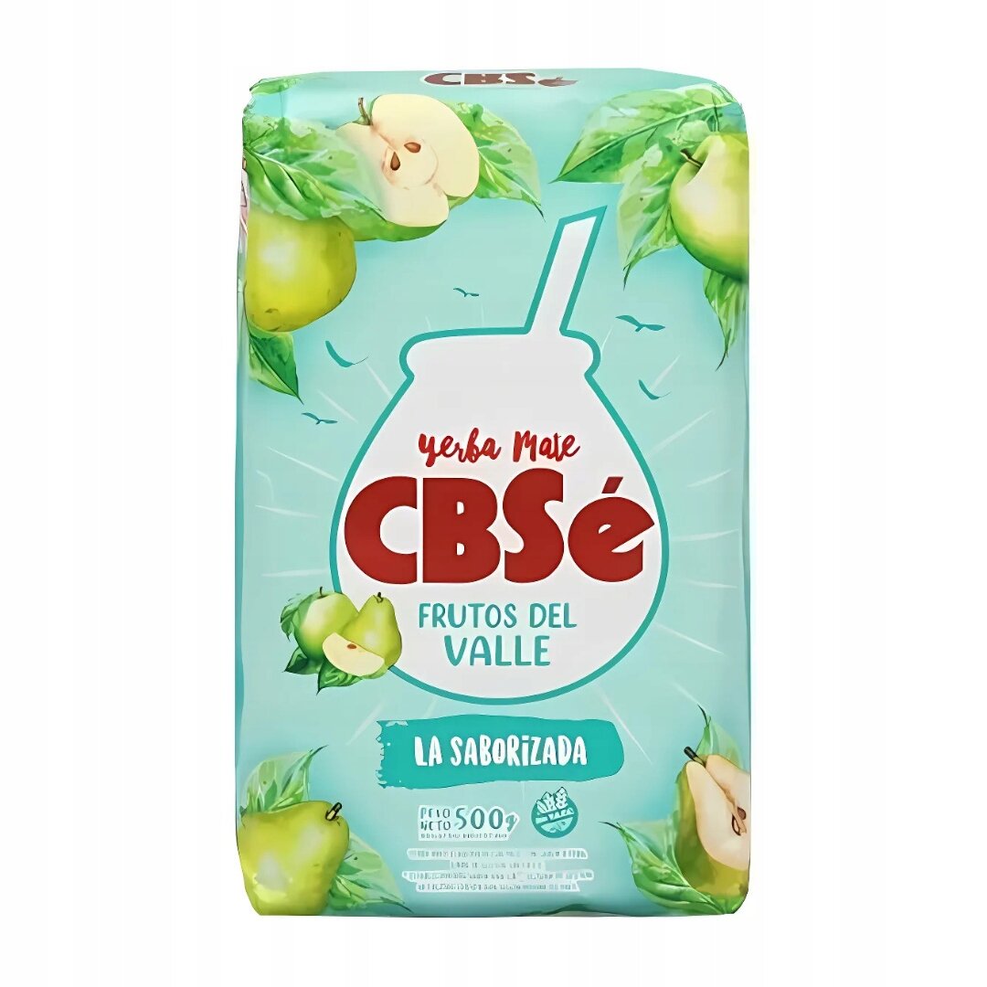 Opakowanie Yerba Mate CBSe Frutos del Valle Owocowa 500g z grafiką przedstawiającą owoce i liście. Widoczny tekst: \'Yerba Mate CBSe Frutos del Valle La Saborizada Peso Neto 500g\'.