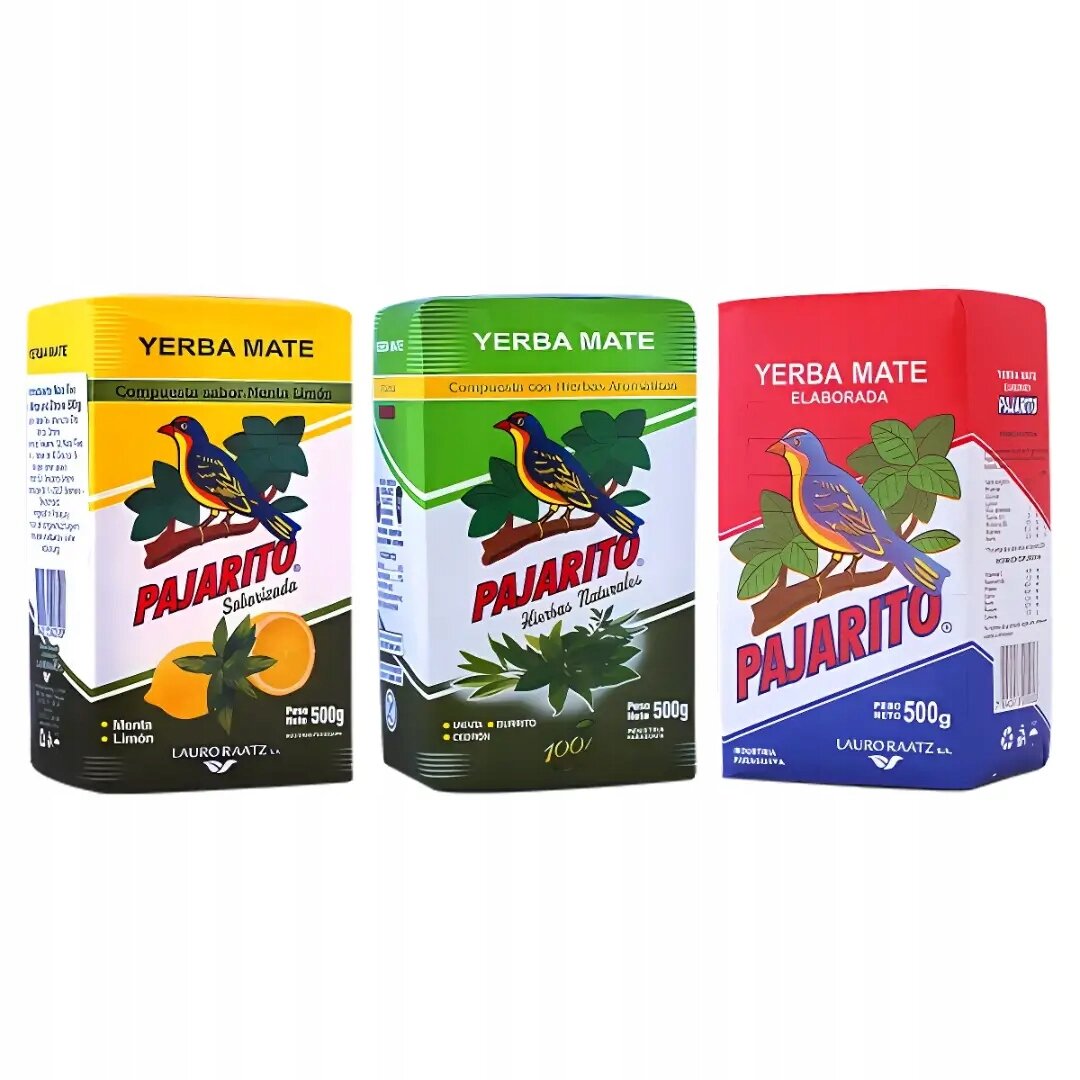 Trzy opakowania Yerba Mate Pajarito o różnych smakach: Mentol Limon, Hierbas Naturales i Elaborada. Każde opakowanie ma pojemność 500g i zawiera kolorowe ilustracje ptaka na tle liści.