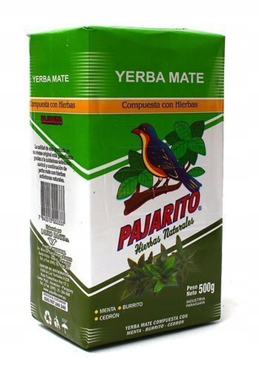 Opakowanie Yerba Mate Pajarito z zielonym tłem i wizerunkiem ptaka na gałęzi. Na opakowaniu widnieje tekst: \'YERBA MATE\', \'Compuesta con Hierbas\', \'PAJARITO Hierbas Naturales\', \'Peso Neto 500g\'.