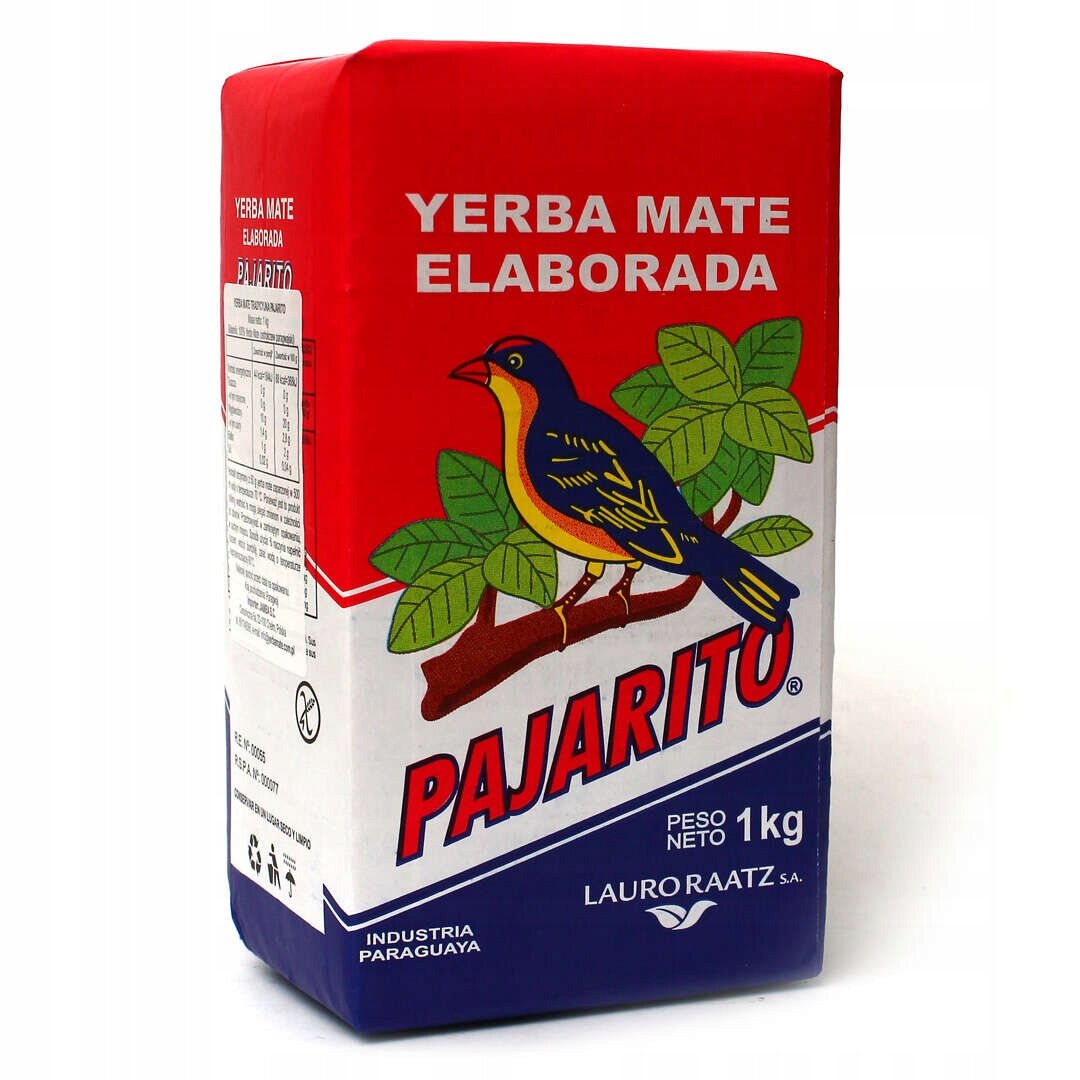 Opakowanie Yerba Mate Elaborada Pajarito o wadze netto 1 kg, z kolorowym wizerunkiem ptaka na gałęzi i zielonymi liśćmi. Widoczne napisy: \'YERBA MATE ELABORADA\', \'PAJARITO\', \'PESO NETO 1kg\', \'INDUSTRIA PARAGUAYA\', \'LAURO RAATZ S.A.\'.
