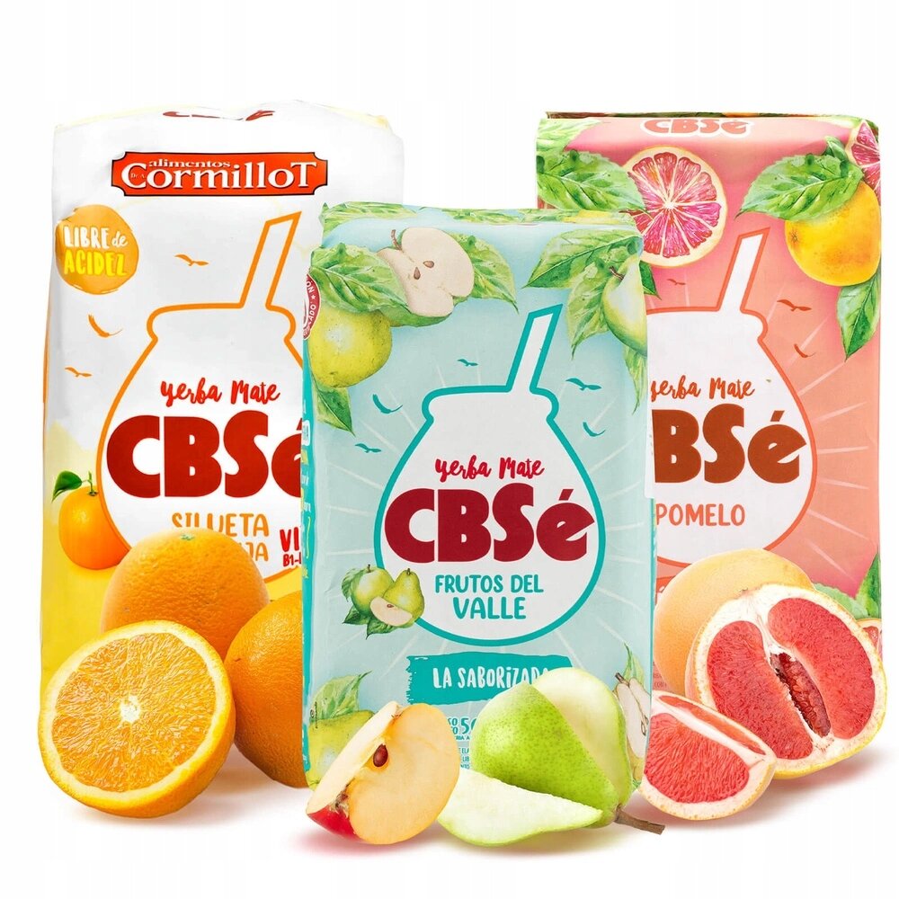 Na obrazie widoczne są trzy opakowania yerba mate CBSe z różnymi smakami: Silueta Naranja, Frutos Del Valle i Pomelo, otoczone owocami takimi jak pomarańcze, jabłka, gruszki i grejpfruty.