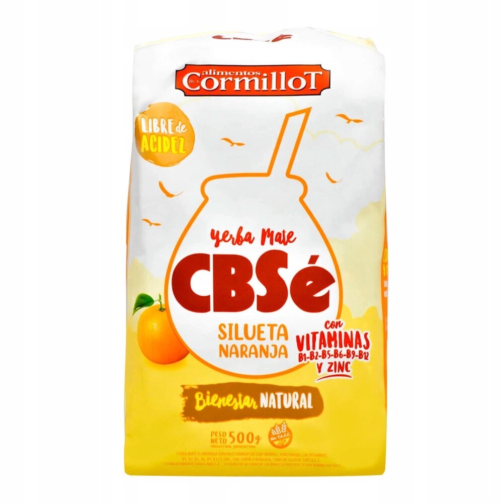 Opakowanie yerba mate CBSe Silueta Naranja z napisem \'Libre de Acidez\' i \'Bienestar Natural\'. Widoczne logo \'Cormillot\' oraz ilustracja pomarańczy.