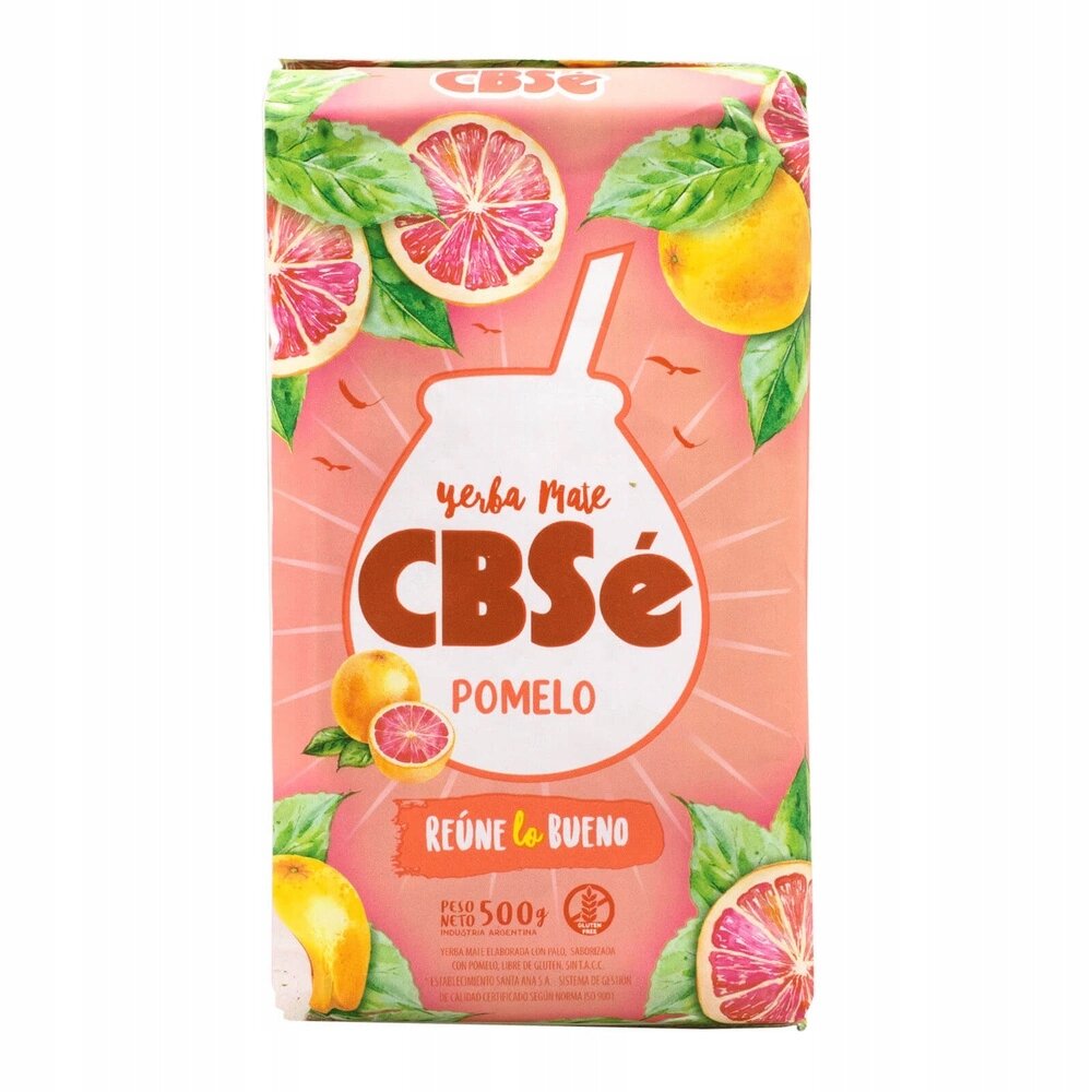 Opakowanie Yerba Mate CBSe Pomelo z grafiką owoców pomelo i liści. Na opakowaniu widnieje tekst: \'yerba mate CBSe pomelo\', \'REÚNE lo BUENO\', \'PESO NETO 500 g\'.