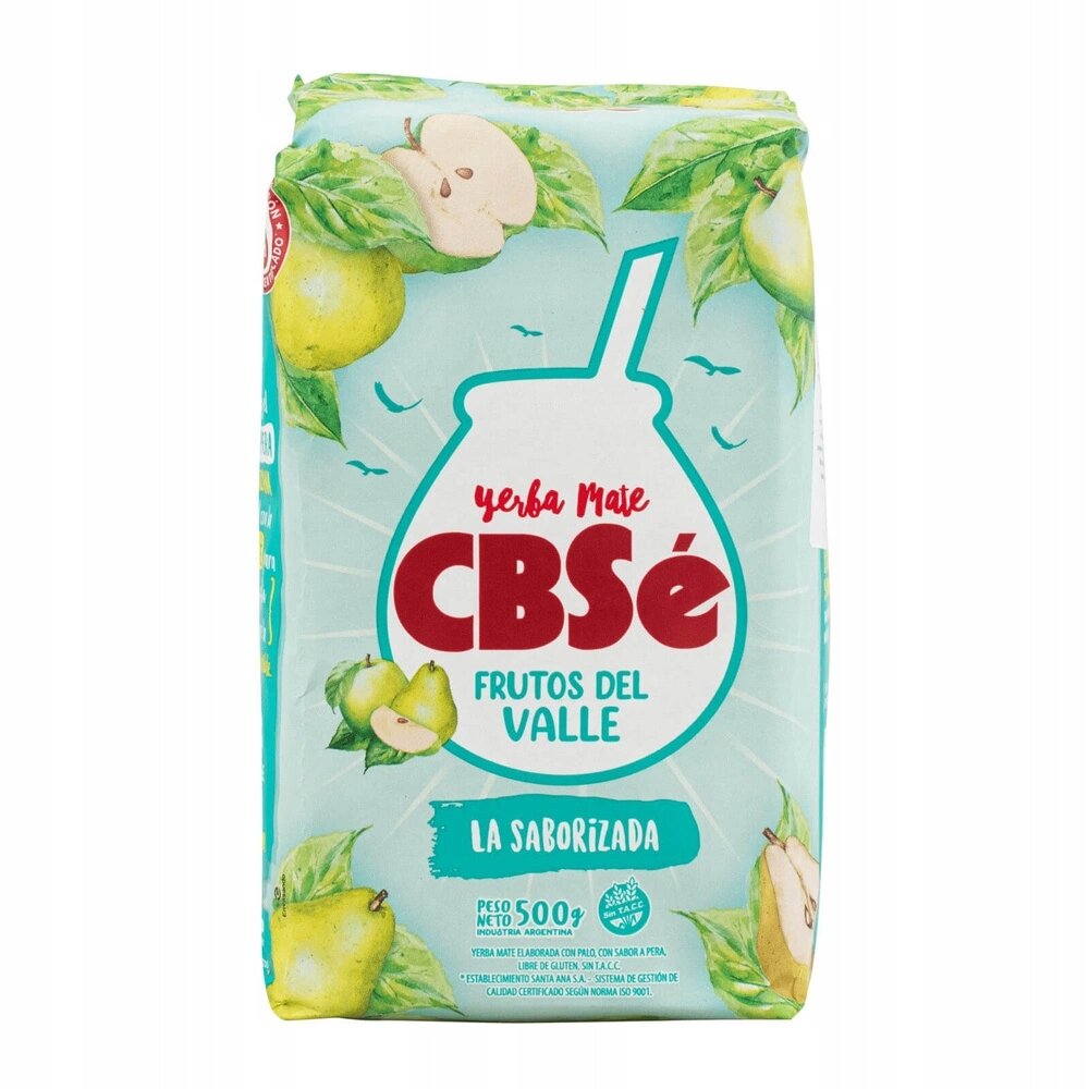 Opakowanie yerba mate CBSe Frutos Del Valle z ilustracjami owoców i liści. Na opakowaniu widoczny jest tekst: \'yerba mate CBSe Frutos Del Valle La Saborizada\'.