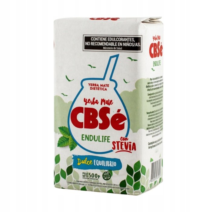 Opakowanie Yerba Mate CBSe Endulife con Stevia o wadze netto 500 g. Na opakowaniu widnieje napis \'Contiene edulcorantes, no recomendable en niños/as. Ministerio de Salud\'.