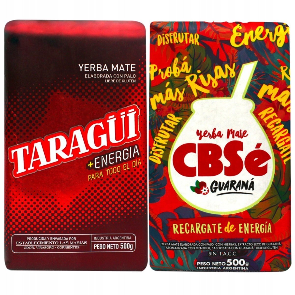Dwa opakowania yerba mate: po lewej czerwone opakowanie z napisem \'TARAGÜI +ENERGIA PARA TODO EL DÍA\', po prawej kolorowe opakowanie z napisem \'Yerba Mate CBSe GUARANÁ RECARGATE de ENERGÍA\'.