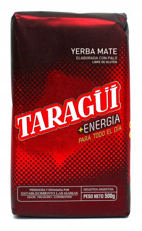 Opakowanie Yerba Mate z napisem \'TARAGÜI +ENERGIA PARA TODO EL DÍA\'. Na dole widnieje informacja \'PESO NETO 500g\'.
