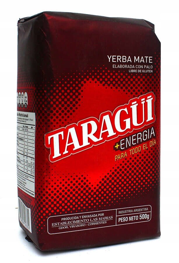 Opakowanie Yerba Mate z napisem \'TARAGÜI +ENERGIA PARA TODO EL DÍA\' na czerwonym tle. Widoczna jest informacja o wadze netto 500g oraz pochodzeniu z Argentyny.