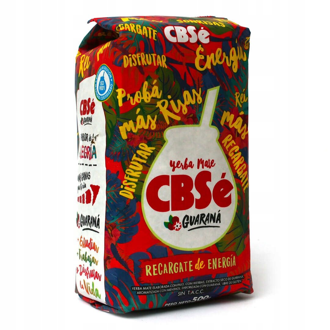 Opakowanie yerba mate CBSe Guaraná z kolorowym wzorem i napisem \'Recargate de Energía\'. Widoczny jest również tekst \'yerba mate CBSe Guaraná\' oraz \'Peso Neto 500 g\'.