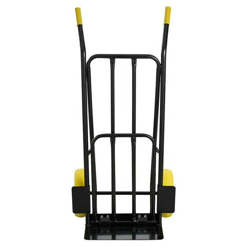 Czarny wózek magazynowy z żółtymi uchwytami i kołami, posiadający metalową konstrukcję z podwójną platformą. Wózek jest składany i przeznaczony do transportu ciężkich ładunków.