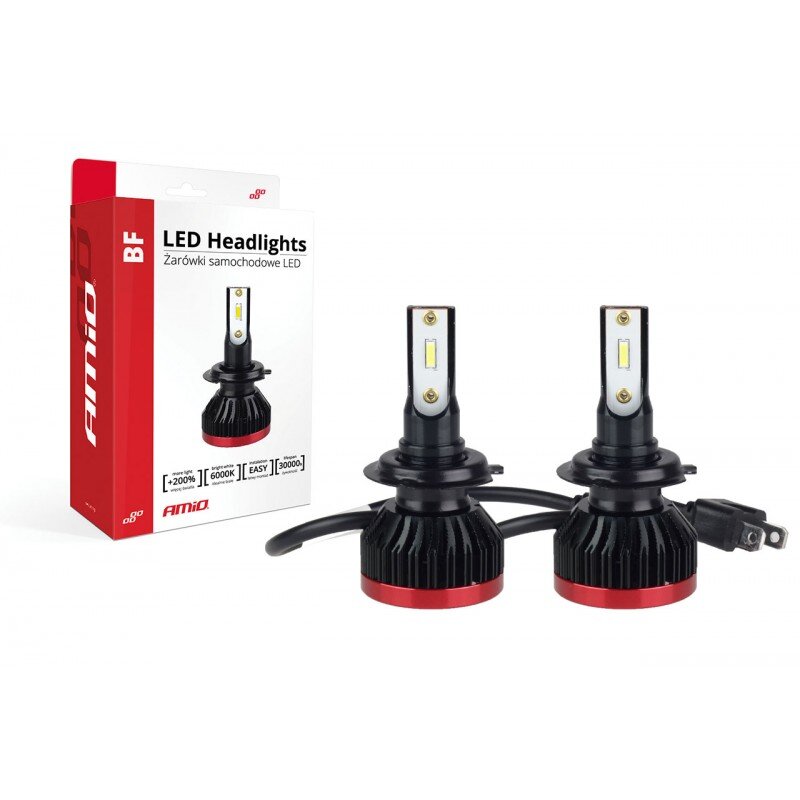 Na obrazie widoczne są dwie żarówki samochodowe LED oraz opakowanie z napisem \'LED Headlights Żarówki samochodowe LED\'. Opakowanie zawiera informacje: \'+200%\', \'6000K\', \'EASY\', \'30000\'.