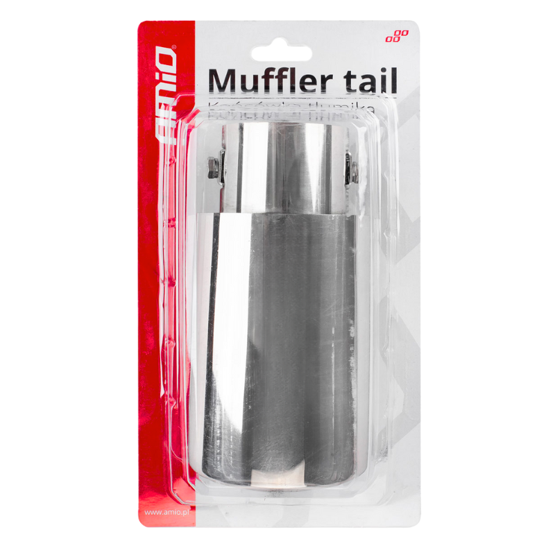 Opakowanie z napisem \'Muffler tail\' zawiera chromowaną końcówkę tłumika. Logo \'AMiO\' znajduje się na czerwonym tle po lewej stronie.