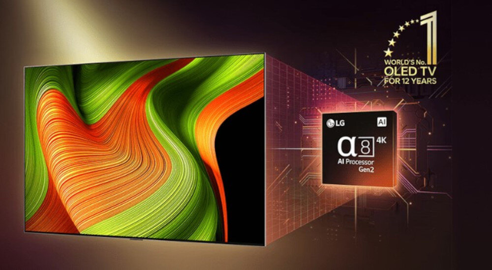 Obraz przedstawia telewizor z wyświetlanym kolorowym wzorem w odcieniach zieleni i pomarańczu. Obok znajduje się grafika z logo LG, napisem \'AI Processor α9 Gen2 4K\' oraz tekstem \'WORLD\'S No. 1 OLED TV FOR 12 YEARS\'.