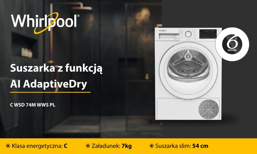 Obraz przedstawia suszarkę marki Whirlpool z funkcją AI AdaptiveDry. Widoczny tekst: \'Suszarka z funkcją AI AdaptiveDry C WSD 74M WWS PL\', \'Klasa energetyczna: C\', \'Załadunek: 7kg\', \'Suszarka slim: 54 cm\'.