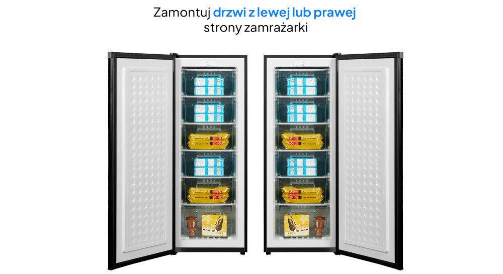 Obraz przedstawia otwartą zamrażarkę z dwoma drzwiami, wypełnioną różnymi produktami spożywczymi. Na górze widoczny jest tekst: \'Zamontuj drzwi z lewej lub prawej strony zamrażarki\'.