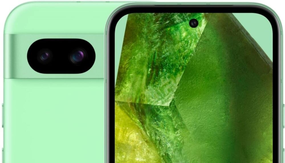 Zielony smartfon z podwójnym aparatem z tyłu i wyświetlaczem z zielonym motywem graficznym. Na ekranie widoczny jest otwór na przednią kamerę.