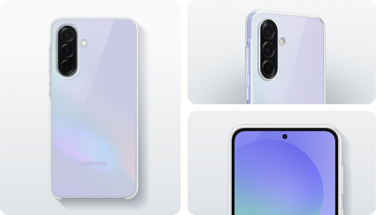 Na obrazku widoczny jest przezroczysty telefon z trzema aparatami z tyłu i logo \'SAMSUNG\'. Telefon jest pokazany z różnych perspektyw, w tym z przodu z wyświetlaczem i z tyłu z obudową.