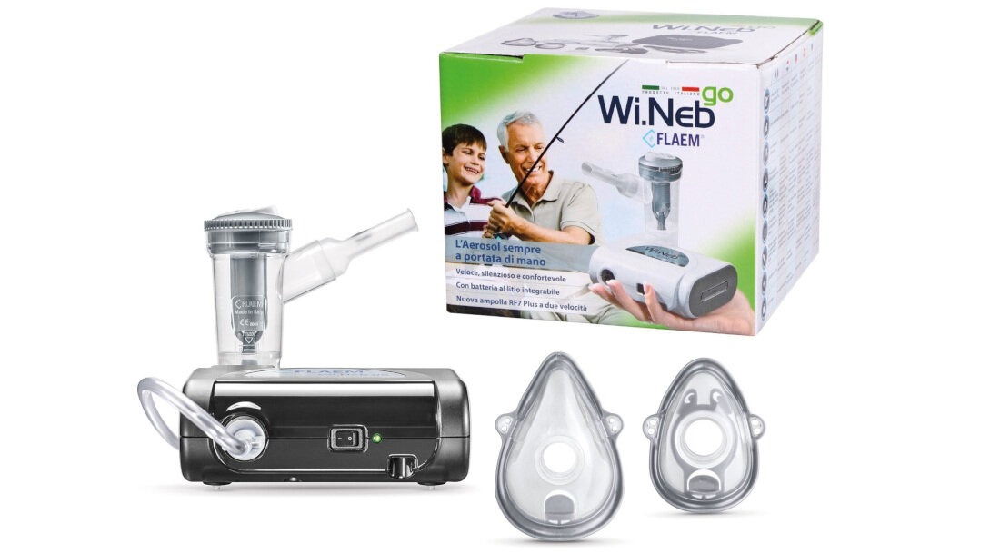 Na obrazie widoczny jest inhalator nebulizator pneumatyczny z akcesoriami oraz opakowanie z napisem \'Wi.Neb go FLAEM\'.