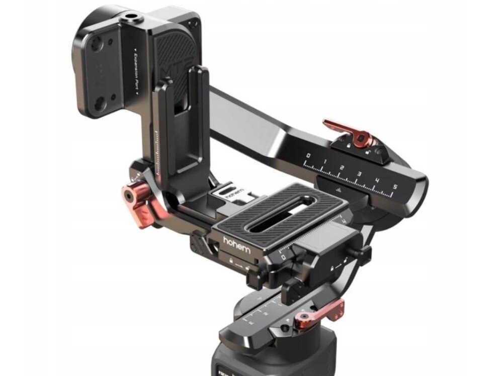 Na obrazie widoczny jest gimbal z oznaczeniem \'hohem\' oraz skalą numeryczną. Urządzenie ma czarno-srebrną kolorystykę z czerwonymi elementami.