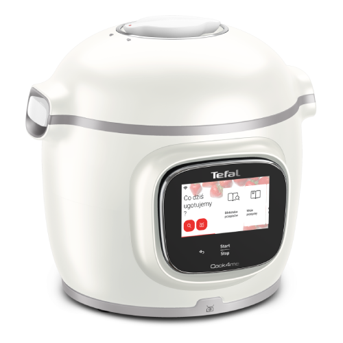 Biały multicooker z wyświetlaczem dotykowym, na którym widoczny jest tekst: \'Co dziś ugotujemy\'. Na obudowie znajduje się logo \'Tefal\'.