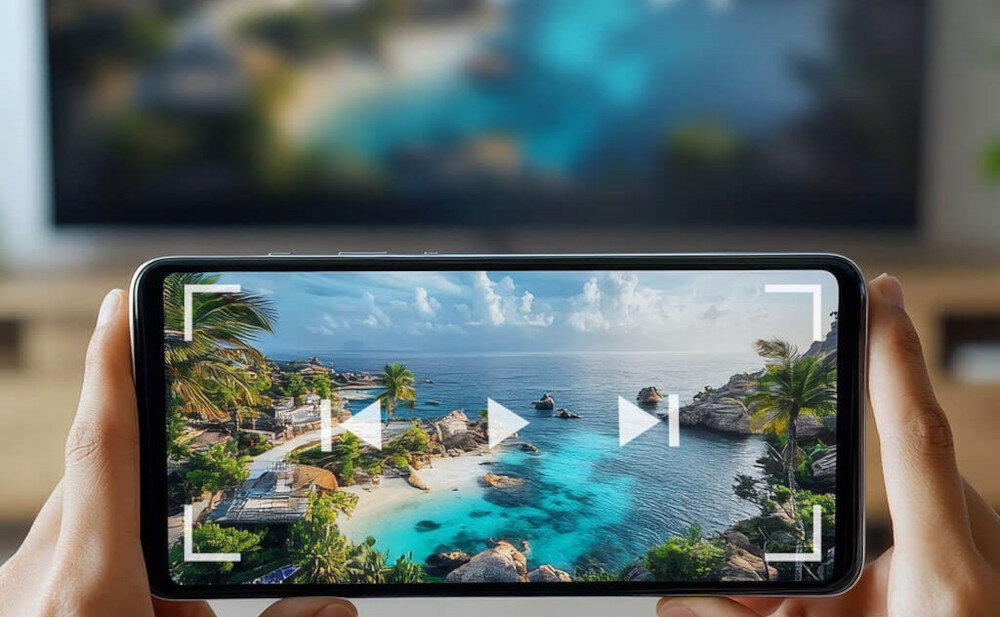 Osoba trzyma smartfon, na którym wyświetlany jest obraz tropikalnej plaży z turkusową wodą i palmami. Na ekranie widoczne są ikony odtwarzania multimediów.