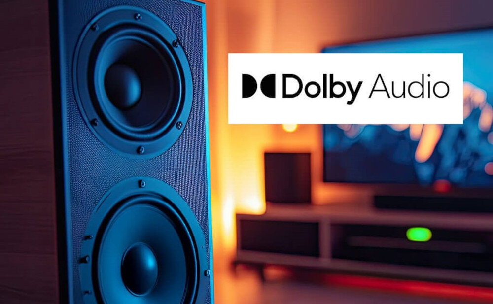 Na pierwszym planie widoczny jest głośnik, a obok niego logo \'Dolby Audio\'. W tle znajduje się rozmyty obraz telewizora i sprzętu audio w przyciemnionym pomieszczeniu.