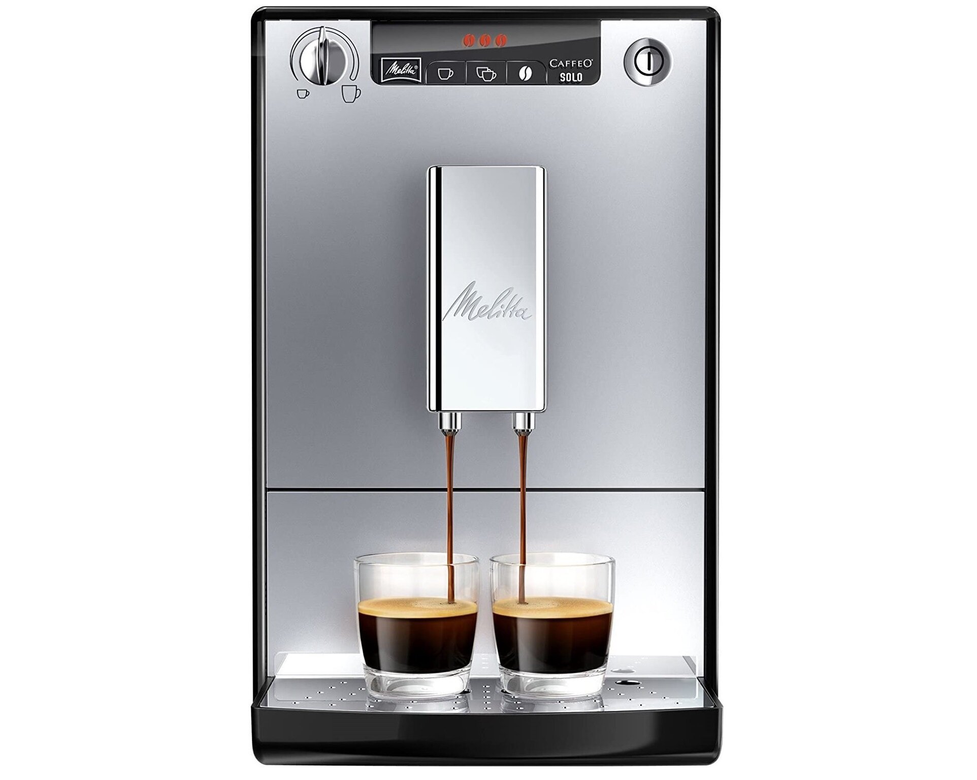Ekspres do kawy w kolorze czarno-srebrnym z logo \'Melitta\' na przednim panelu, przygotowujący dwie filiżanki kawy jednocześnie.