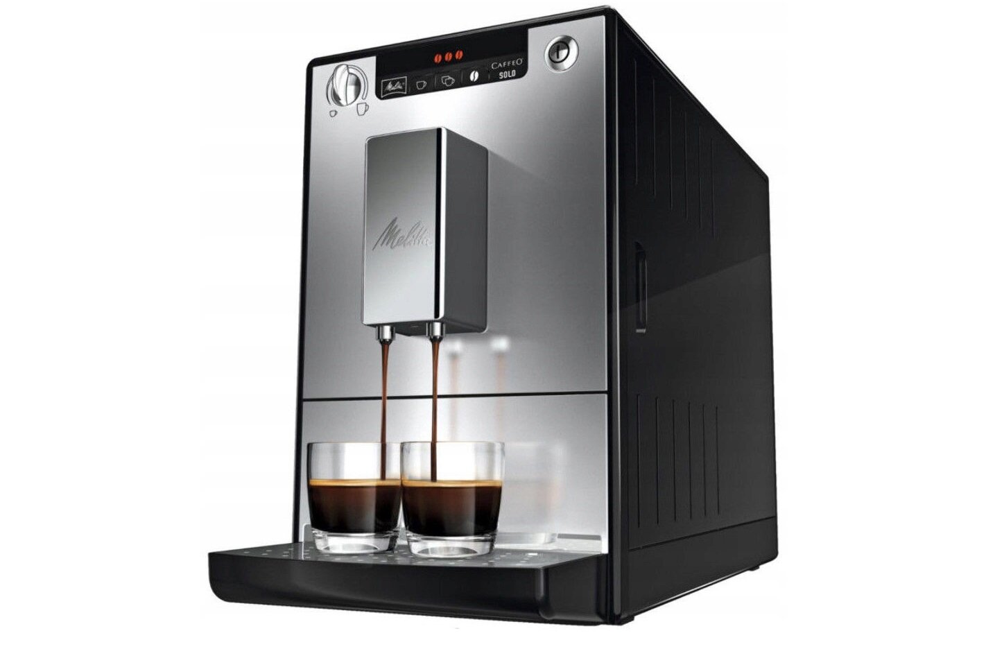 Ekspres do kawy w kolorze czarno-srebrnym z logo \'Melitta\' na przednim panelu, przygotowujący dwa espresso do szklanek. Na górnym panelu widoczne są przyciski i pokrętło sterujące.