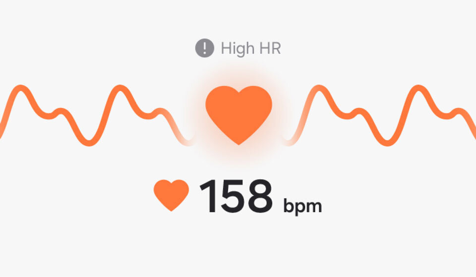 Obraz przedstawia pomarańczowy symbol serca z falującą linią w tle oraz tekst \'High HR\' i \'158 bpm\'.