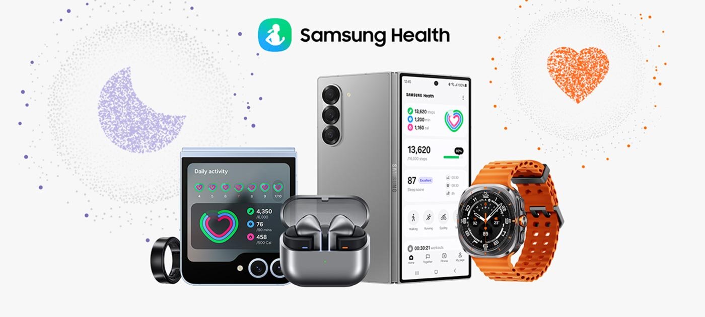 Na obrazie widoczne są różne urządzenia elektroniczne, w tym smartfon, smartwatch, słuchawki, pierścień oraz składany telefon. W tle znajduje się logo \'Samsung Health\'.
