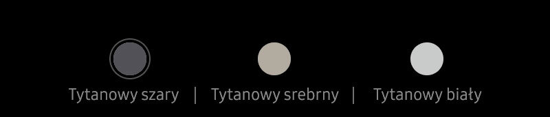 Obraz przedstawia trzy okrągłe ikony w kolorach: tytanowy szary, tytanowy srebrny i tytanowy biały. Pod każdą ikoną znajduje się odpowiedni opis koloru.