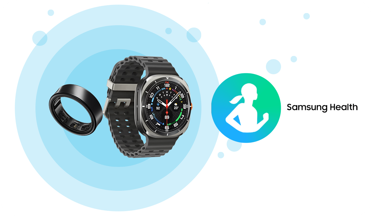Na obrazie widoczny jest czarny pierścień oraz zegarek z czarnym paskiem i kolorowym wyświetlaczem. Obok znajduje się logo z napisem \'Samsung Health\'.