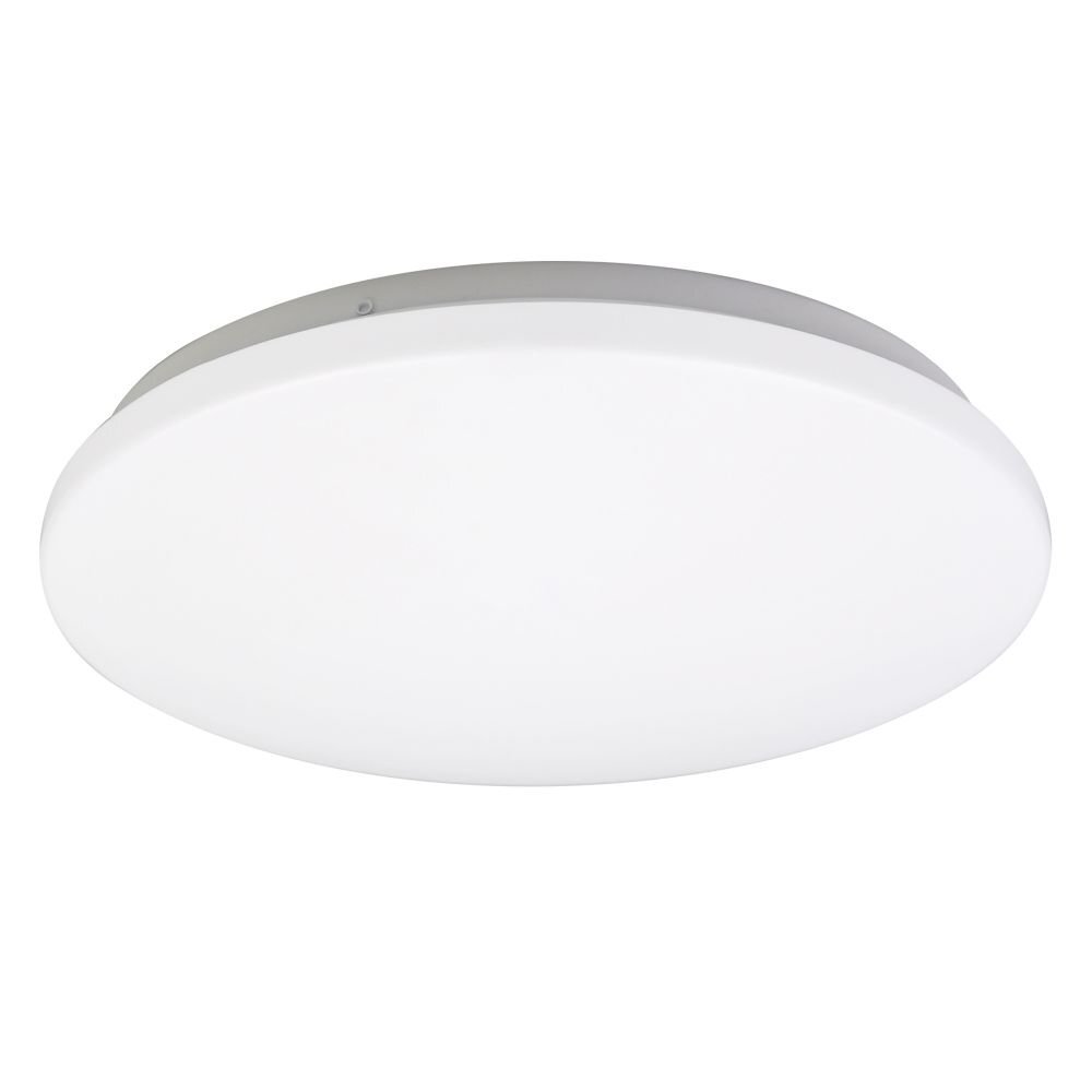 Na obrazie widoczny jest okrągły, biały plafon LED o gładkiej powierzchni. Lampa ma nowoczesny design i jednolitą kolorystykę.