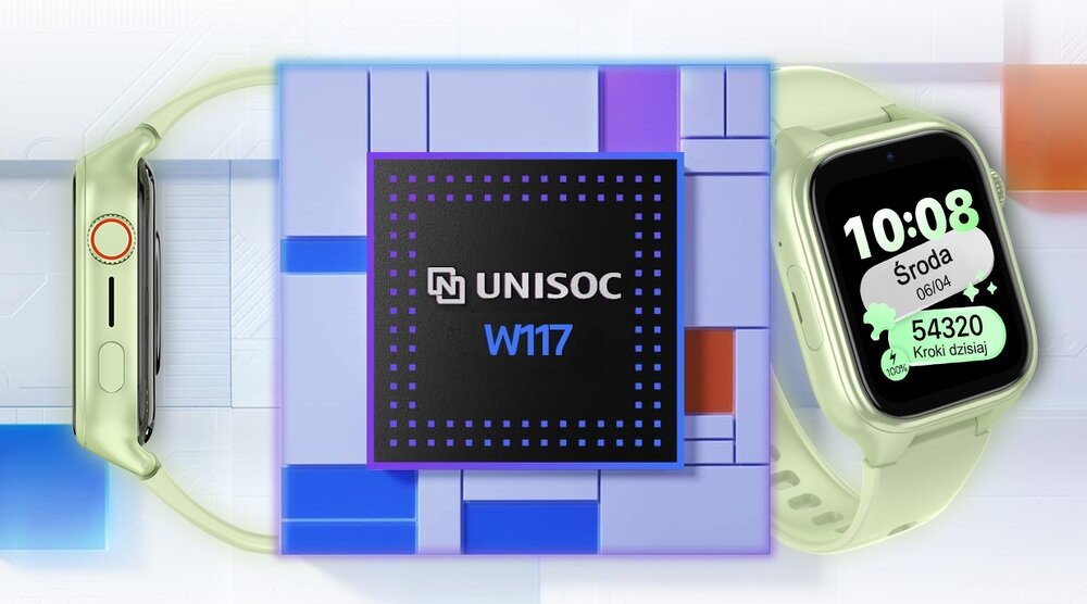 Obraz przedstawia smartwatch z zielonym paskiem, wyświetlający godzinę 10:08 i liczbę kroków 54320. W centrum znajduje się grafika z napisem \'UNISOC W117\'.