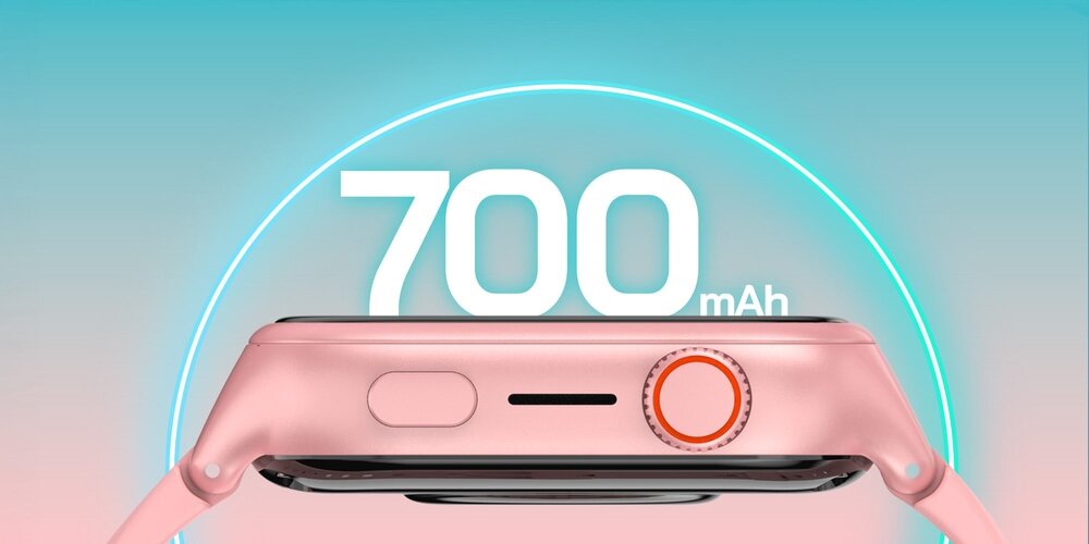 Obraz przedstawia różowy smartwatch z widocznym przyciskiem i pokrętłem, na tle którego znajduje się napis \'700 mAh\'.