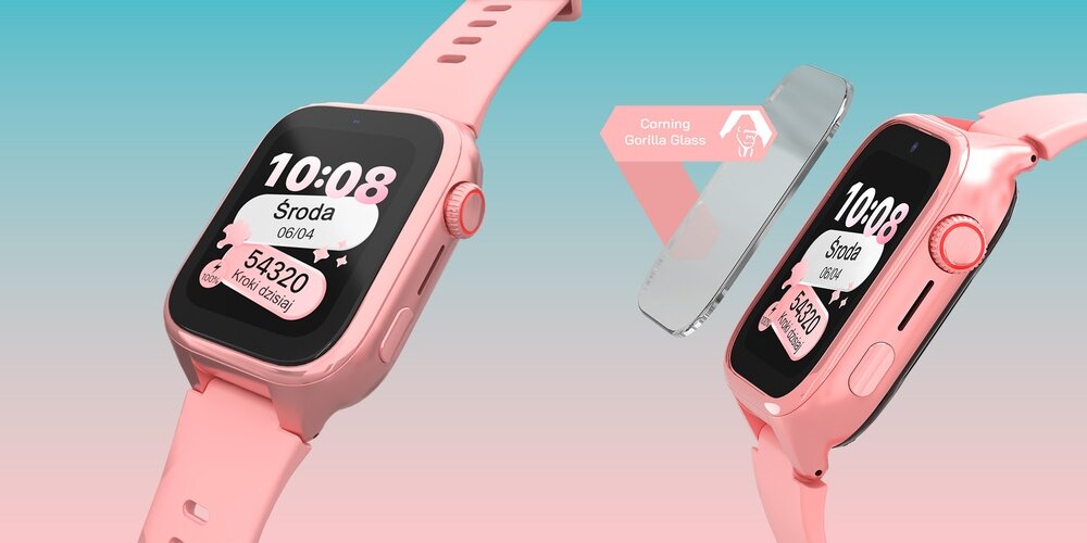Różowy smartwatch z wyświetlaczem pokazującym godzinę 10:08, dzień \'Środa\' i datę \'06/04\'. Obok zegarka widoczna jest informacja o szkle \'Corning Gorilla Glass\'.