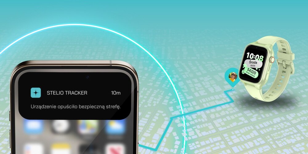 Obraz przedstawia ekran smartfona z powiadomieniem \'STELIO TRACKER 10m Urządzenie opuściło bezpieczną strefę.\' oraz smartwatch z wyświetlaczem pokazującym godzinę 10:08 i datę Środa 9.08. W tle widoczna jest mapa z zaznaczoną trasą.