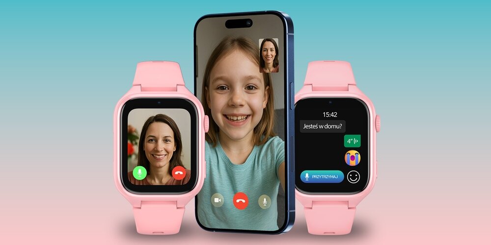 Obraz przedstawia dwa różowe smartwatche i smartfon z funkcją wideorozmowy. Na ekranie smartwatcha widoczny jest tekst: \'15:42 Jesteś w domu?\' oraz przycisk \'PRZYTRZYMAJ\'.