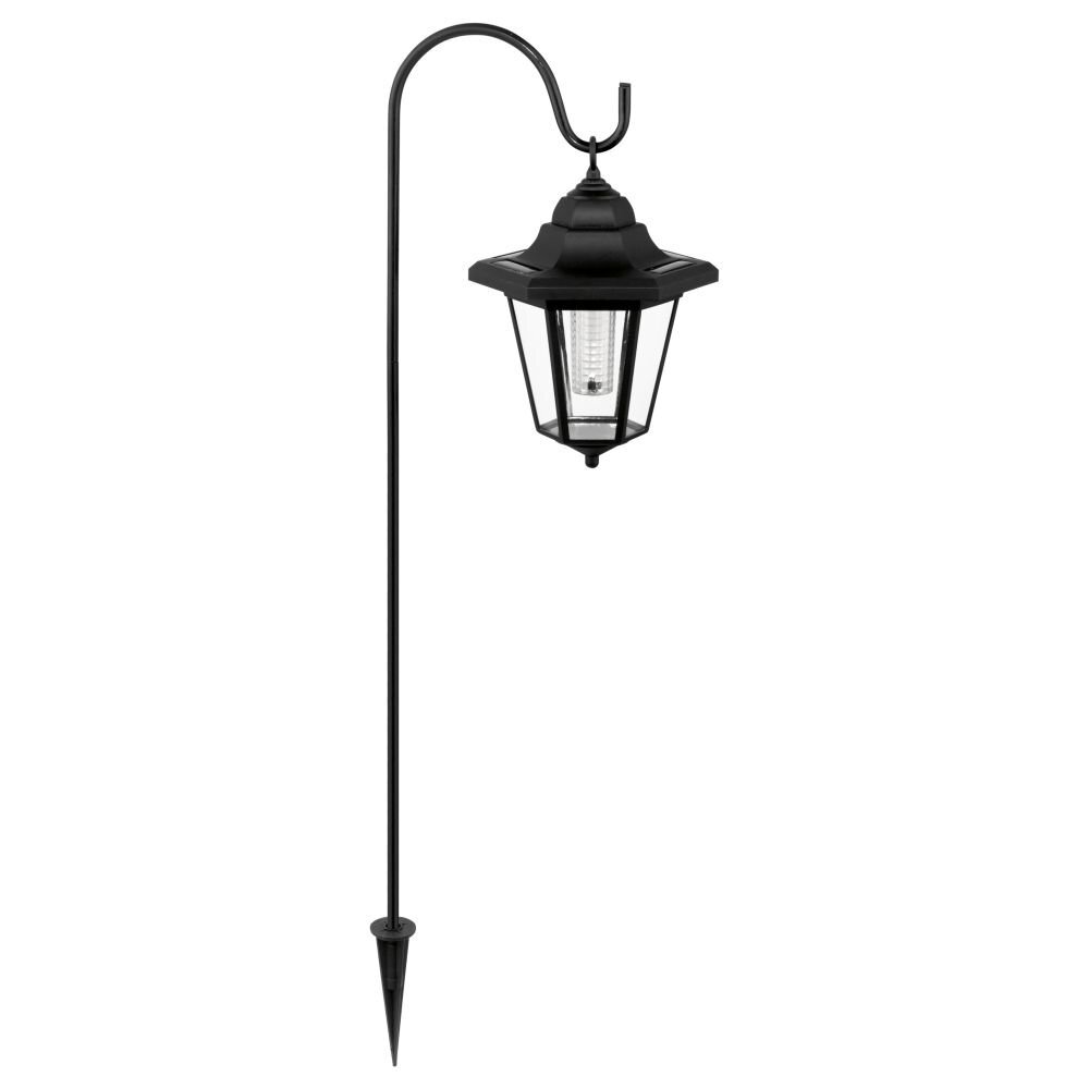 Czarna lampa ogrodowa solarna LED z wbijanym uchwytem, stylizowana na latarnię z przezroczystym kloszem. Lampa posiada zakrzywiony uchwyt do zawieszenia i szpic do wbicia w ziemię.