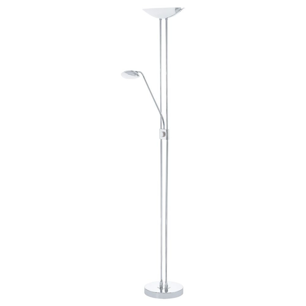 Lampa podłogowa LED z metalowym stelażem i dwoma źródłami światła, jednym skierowanym do góry i drugim na elastycznym ramieniu. Podstawa jest okrągła, a całość ma nowoczesny design.