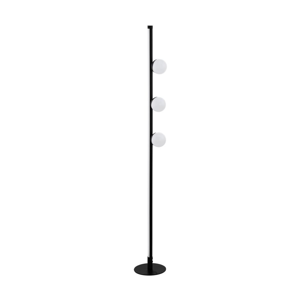 Czarna lampa wisząca z cylindrycznym kloszem wykonanym z przezroczystych prętów, zawieszona na długim przewodzie. U góry znajduje się okrągła podsufitka w kolorze czarnym.