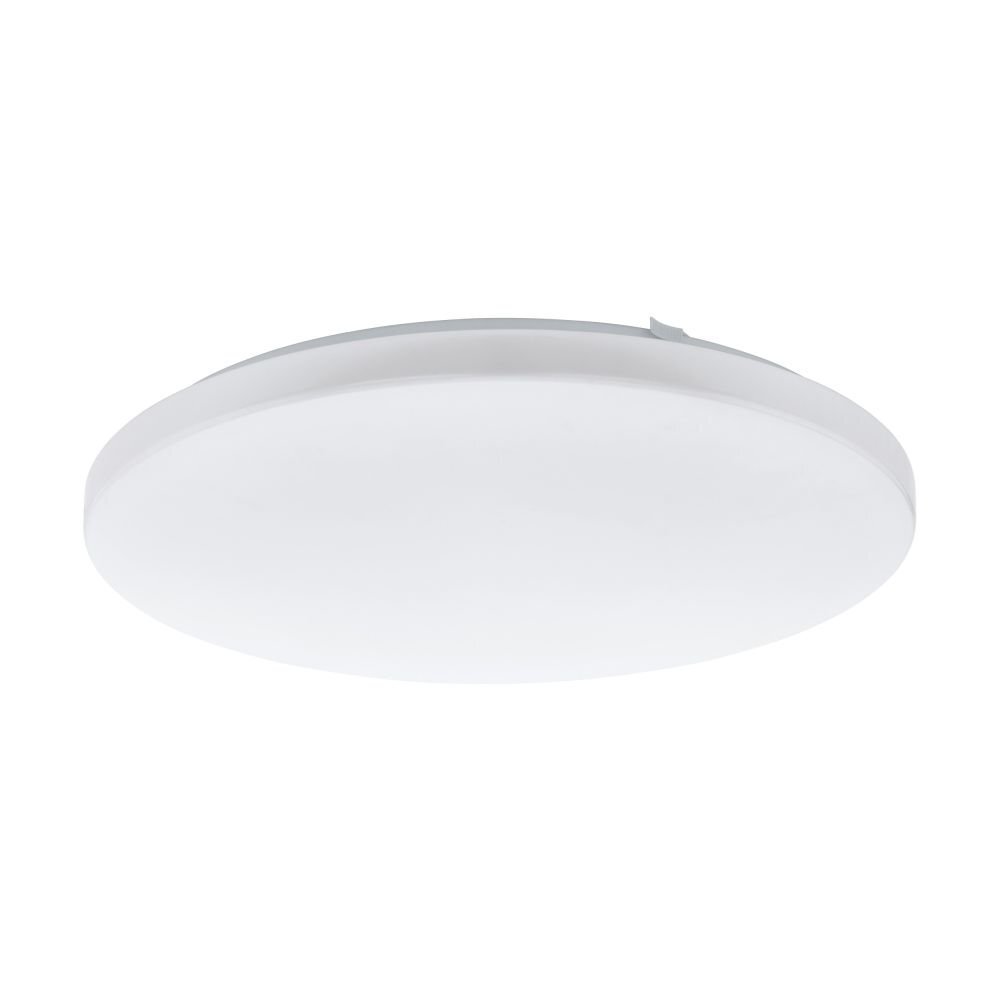 Okrągła, biała lampa sufitowa o gładkiej powierzchni. Lampa ma prosty, nowoczesny design.