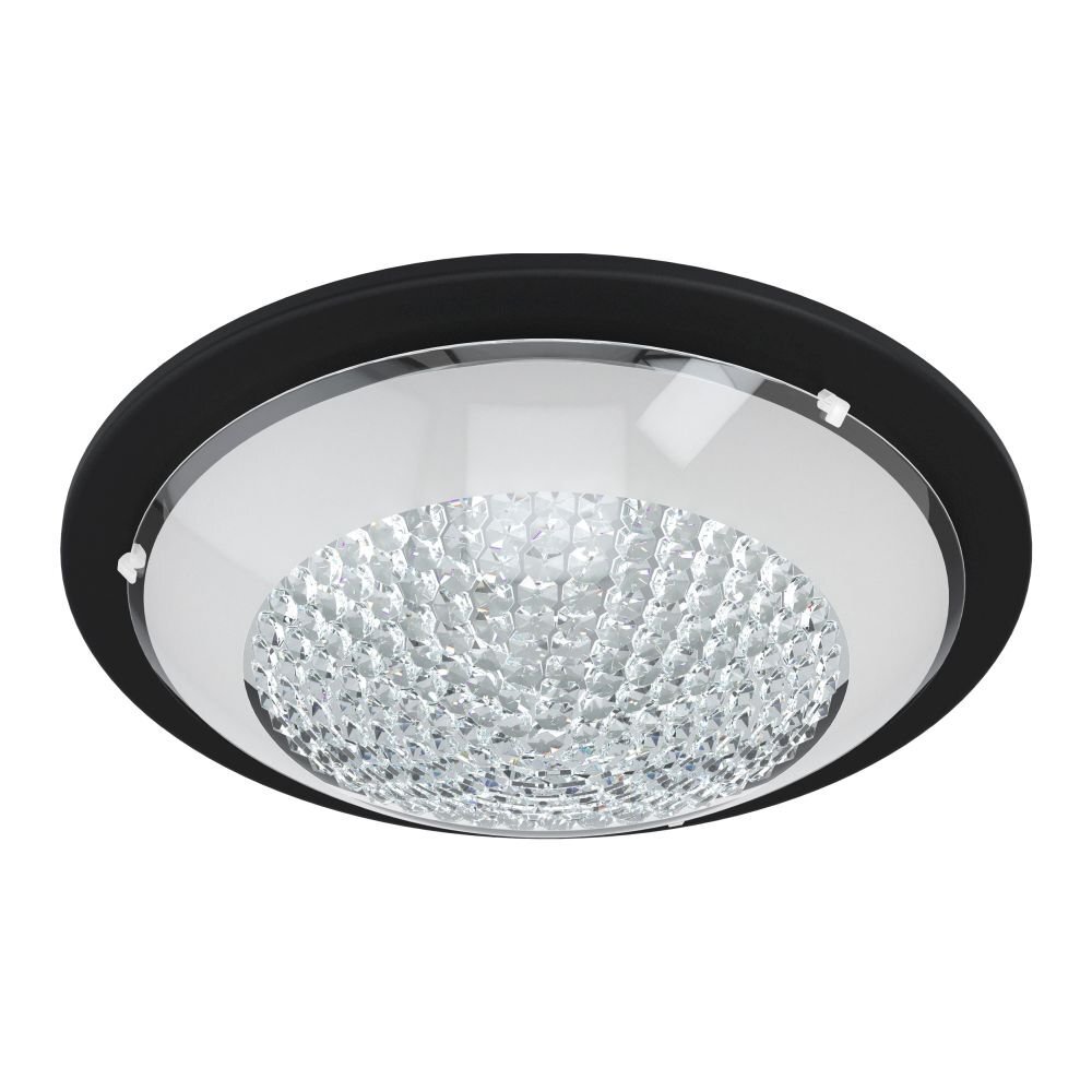 Nowoczesna lampa sufitowa z czarną obudową i przezroczystym, kryształowym kloszem. Lampa ma okrągły kształt i elegancki design.