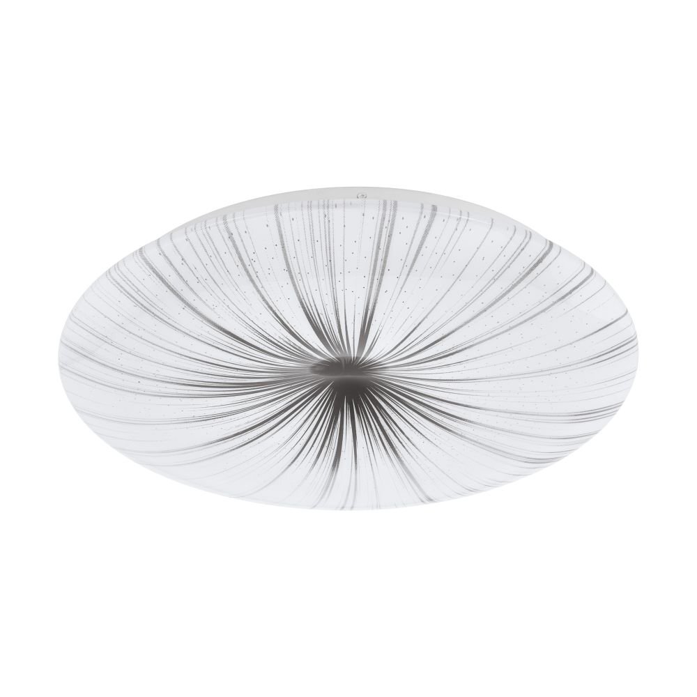 Obraz przedstawia okrągły plafon LED z wzorem promieniście rozchodzących się linii i drobnymi kropkami na powierzchni. Lampa ma nowoczesny design i jednolitą, jasną kolorystykę.
